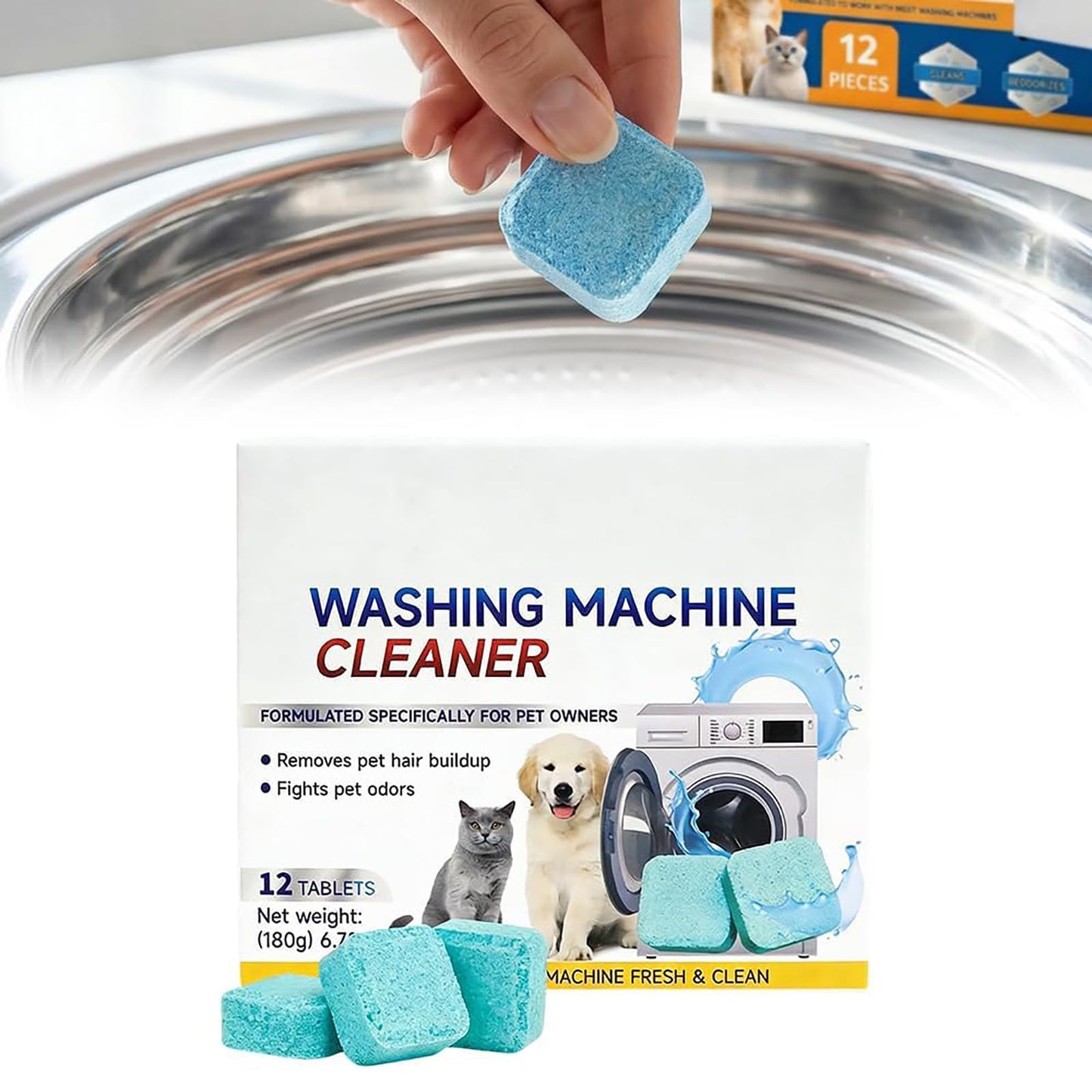 Washing Machine Cleaner Tablets, Pet Hair & Odor Deep Cleaning Tablets, Deep Cleaning Mold & Residue Remover for HE Top Front Load Washer