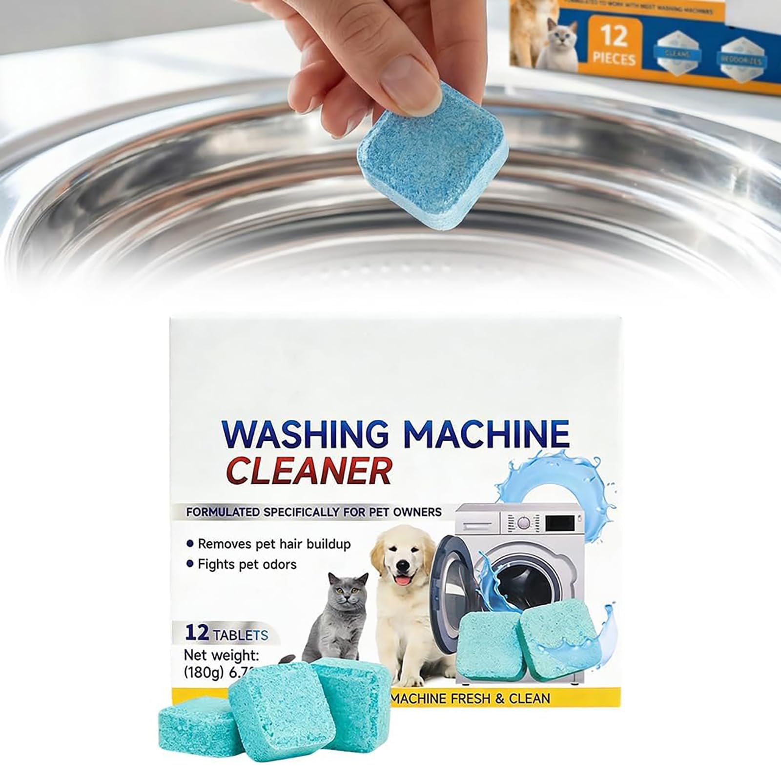 Washing Machine Cleaner Tablets, Pet Hair & Odor Deep Cleaning Tablets, Deep Cleaning Mold & Residue Remover for HE Top Front Load Washer