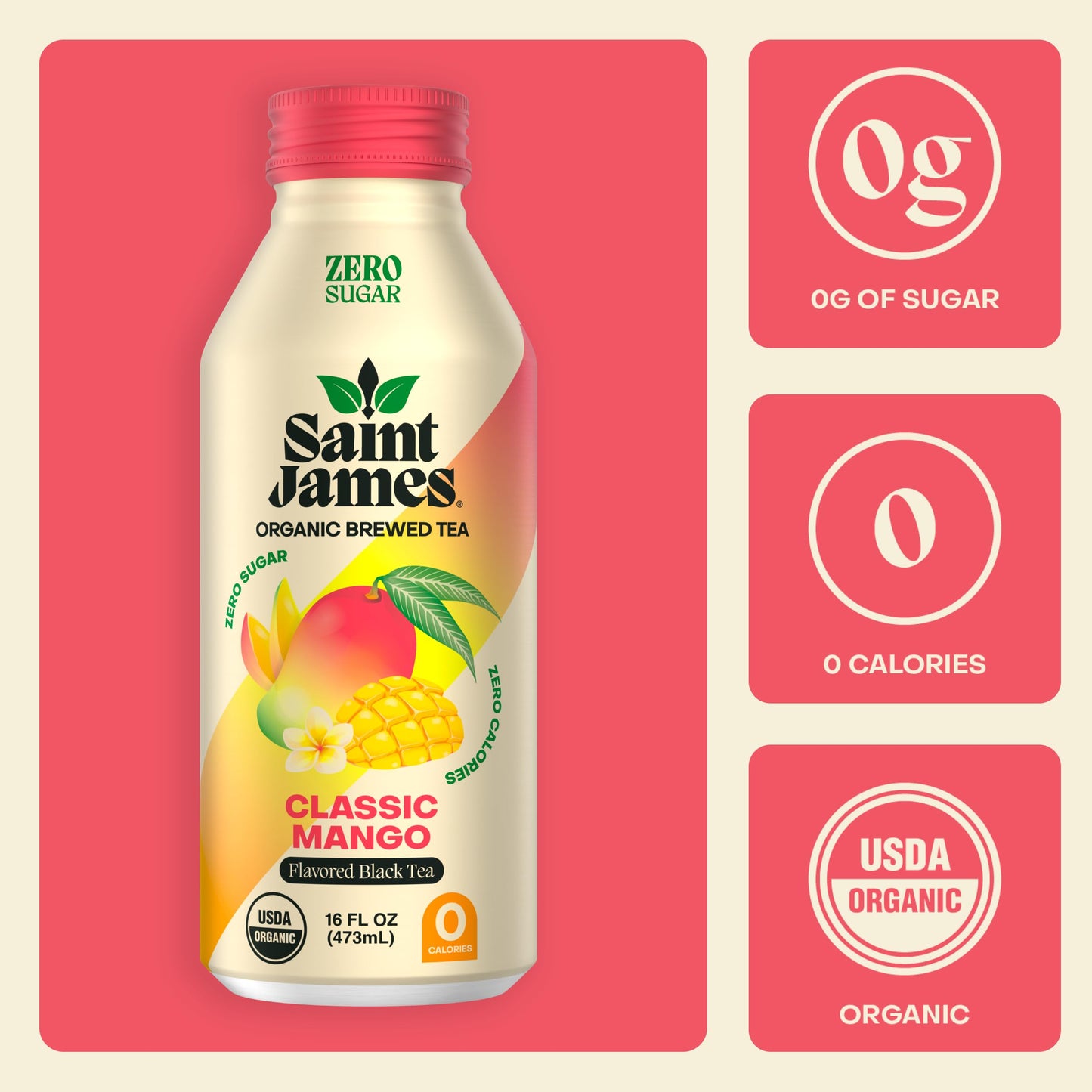 Saint James Iced Tea - Organic Black Tea - Non-GMO, Gluten Free, Zero Calorie, Zero Sugar - Classic Mango, 12 Pack (16 fl oz each)