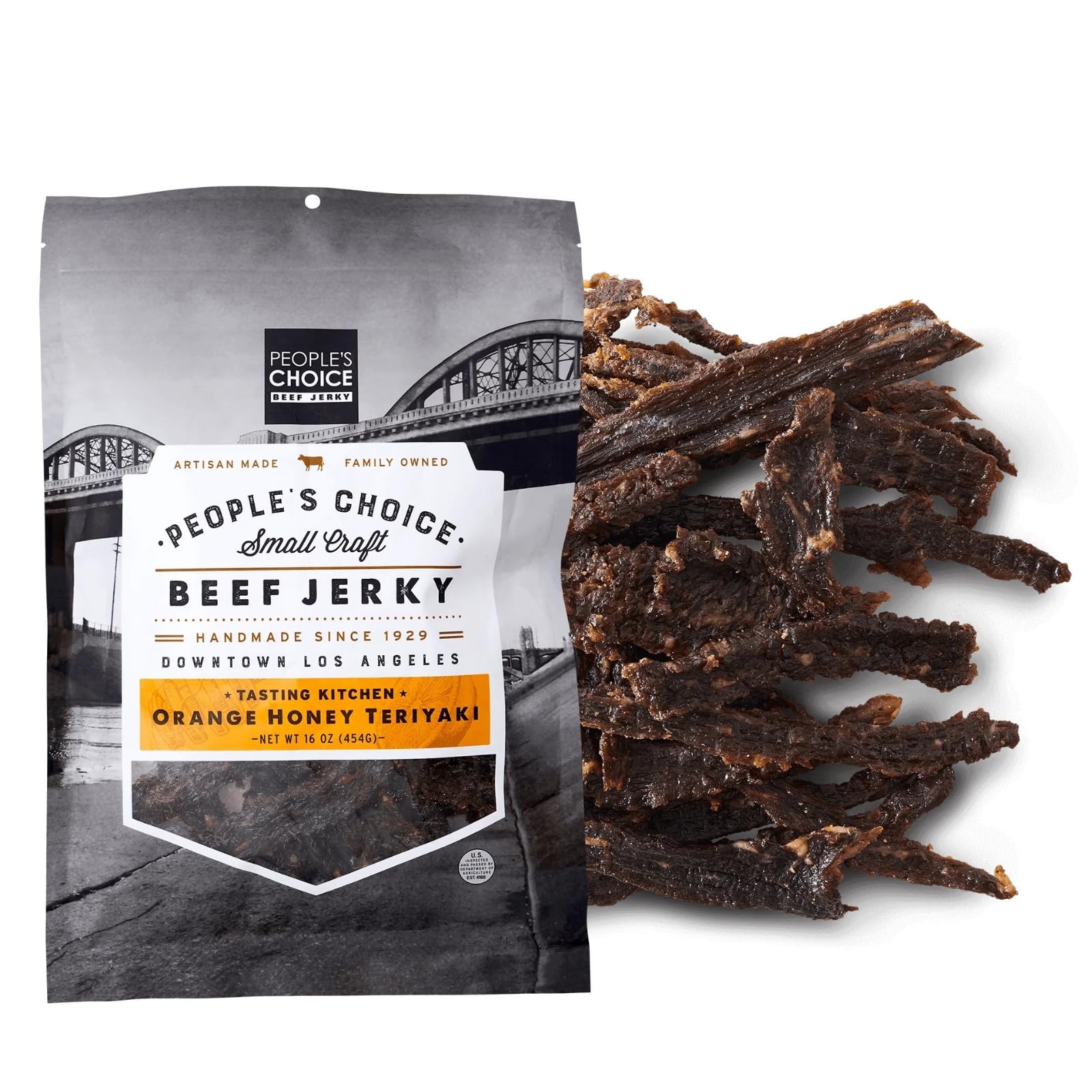 People’s Choice Beef Jerky - Tasting Kitchen - Orange Honey Teriyaki - Sweet & Savory - 8g Protein - Made in USA - 1 Pound (16 oz) Bag