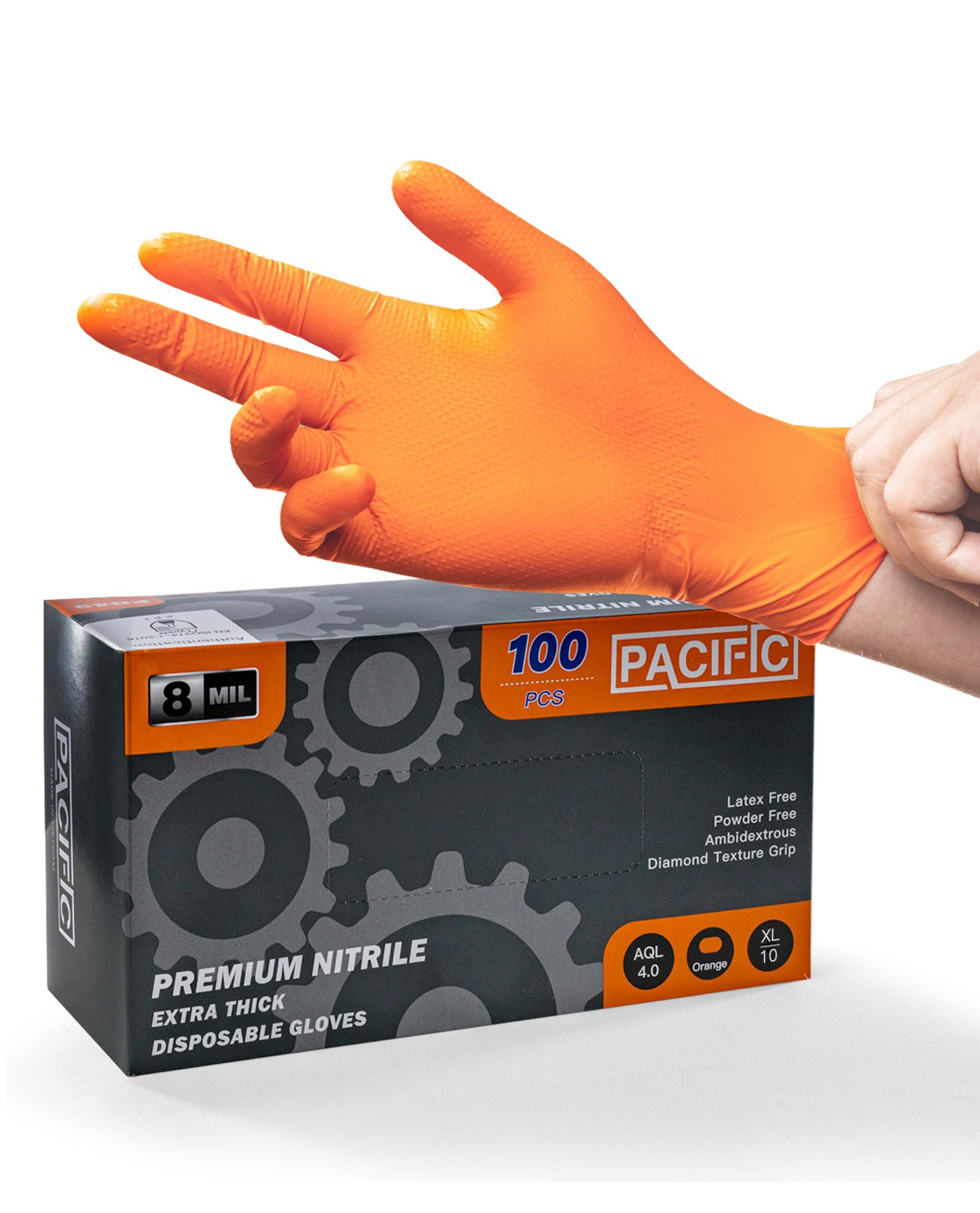 PACIFIC PPE 8 Mil Heavy-Duty Strength Nitrile Gloves, Chemical Resistant, Diamond Texture Industrial Disposable Gloves, Orange, 100PCs, X-Large