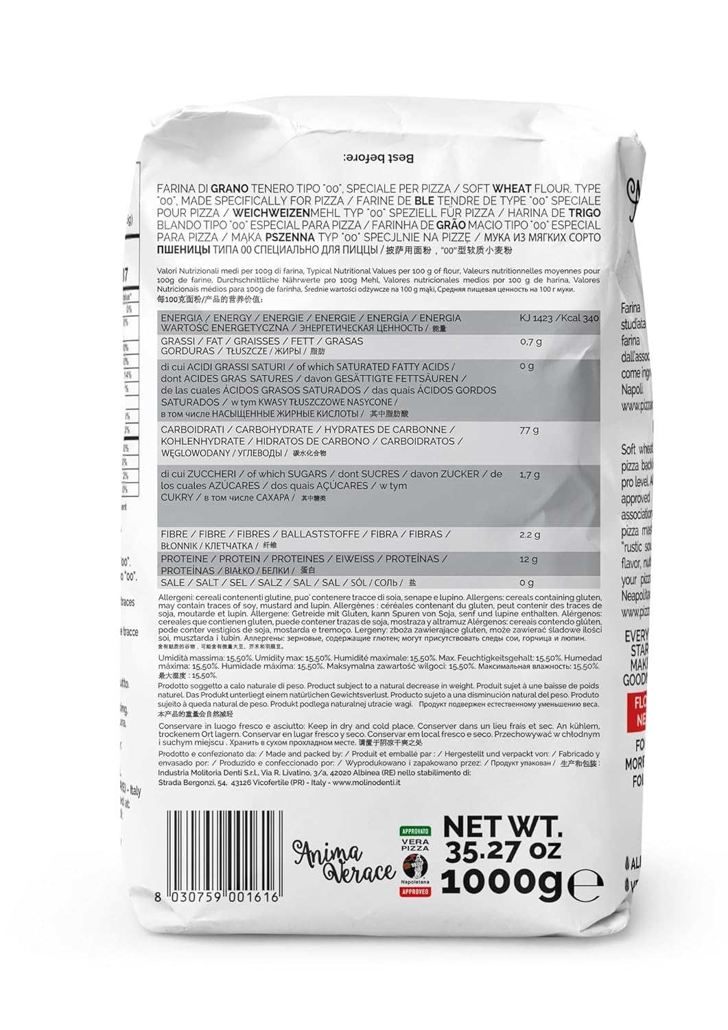 (5Kg. Bag) Anima Verace - Flour for Pizza Napoletana (00 Pizza Flour, Non-GMO, Kosher, All Natural, UnBleached, 100% Italian Soft Wheat) 11 Lb.