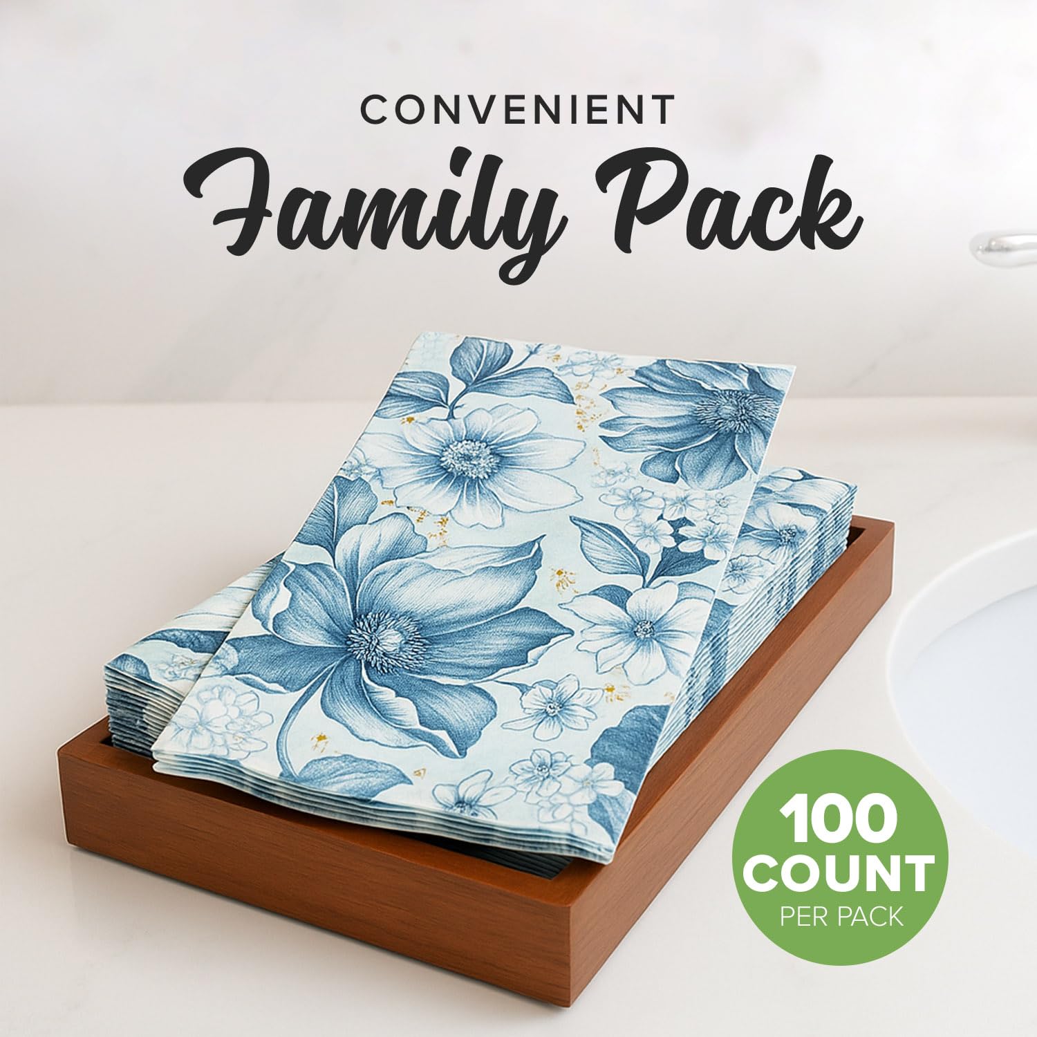 SimuLinen Blue Garden Floral Disposable Hand Towels for Bathroom, Single-Use Linen-Feel Guest Towels, Hand Tissue Paper, Cloth-Like Paper Napkins