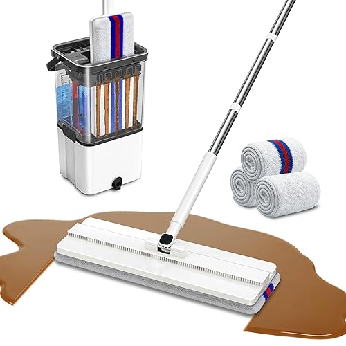 Mop and Bucket Set with Wringer,Separate Clean Dirty Water, Self Wringing Microfiber Dust Flat Mop for Hardwood Floors, Kitchen, Wall Cleaner -with 4