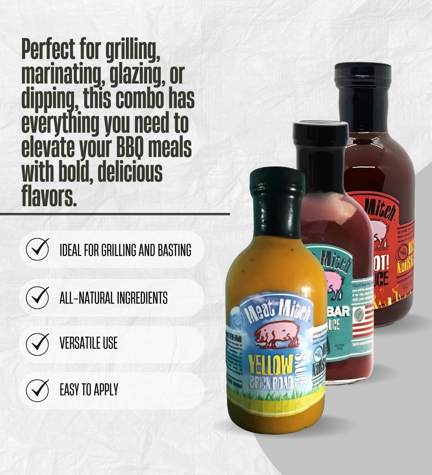 Meat Mitch Yellow Brick Road 19.7 oz + Stay Hot Spicy 19.6 oz + Char Bar BBQ Sauce 19 ounce Bundle with Measuring Spoon - 3 Flavor Variety: Sweet