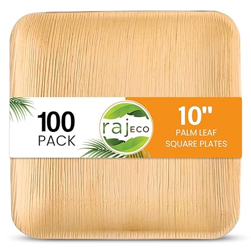 Raj Eco Compostable Palm Leaf Plate Like Bamboo Plates Disposable - 10 Inch Square 100 Party Plates, Natural Wooden, Eco-Friendly, Fancy Biodegradable