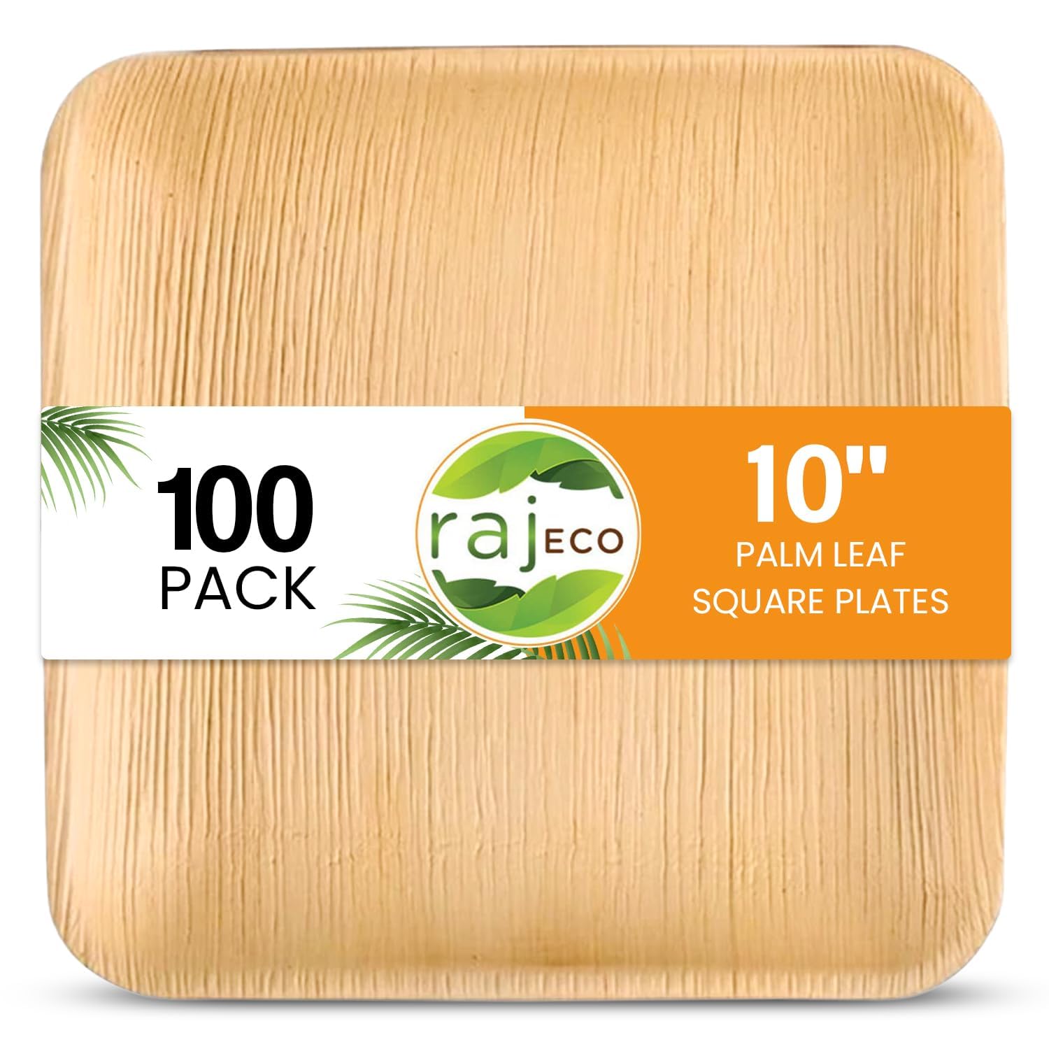 Raj Eco Compostable Palm Leaf Plate Like Bamboo Plates Disposable - 10 Inch Square 100 Party Plates, Natural Wooden, Eco-Friendly, Fancy Biodegradable