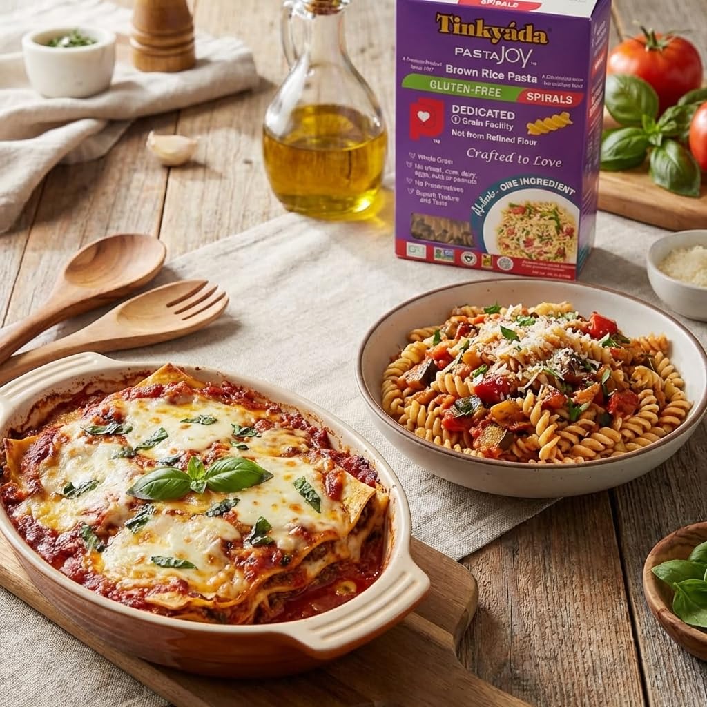 4-Pack Tinkyada Brown Rice Pasta - Spirals, Vegetable Spirals, Rice Shells & Lasagne - Gluten-Free, Non-GMO, Vegan, Perfect for Family Meals, Events