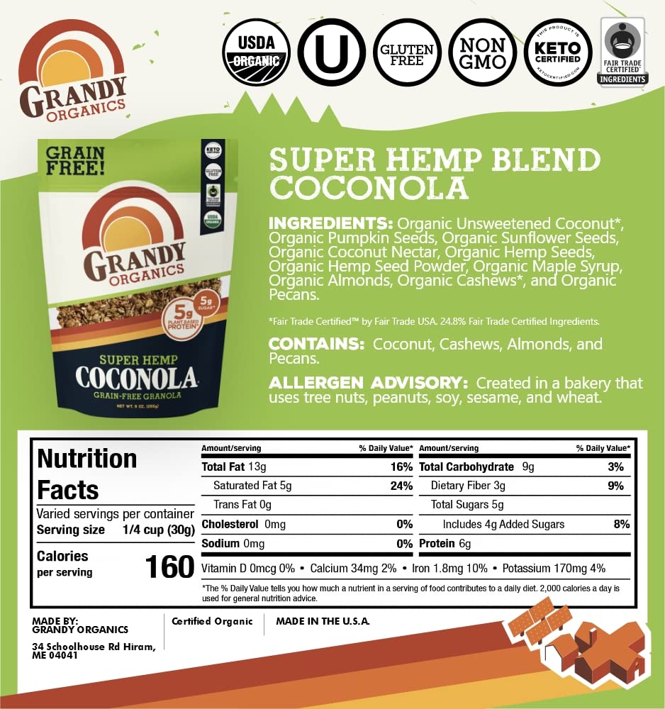 Grandy Organics Super Hemp Blend Coconola Gluten Free Granola - Certified Organic, Keto Certified, Non-GMO, Grain Free, Paleo Friendly, Low Carb