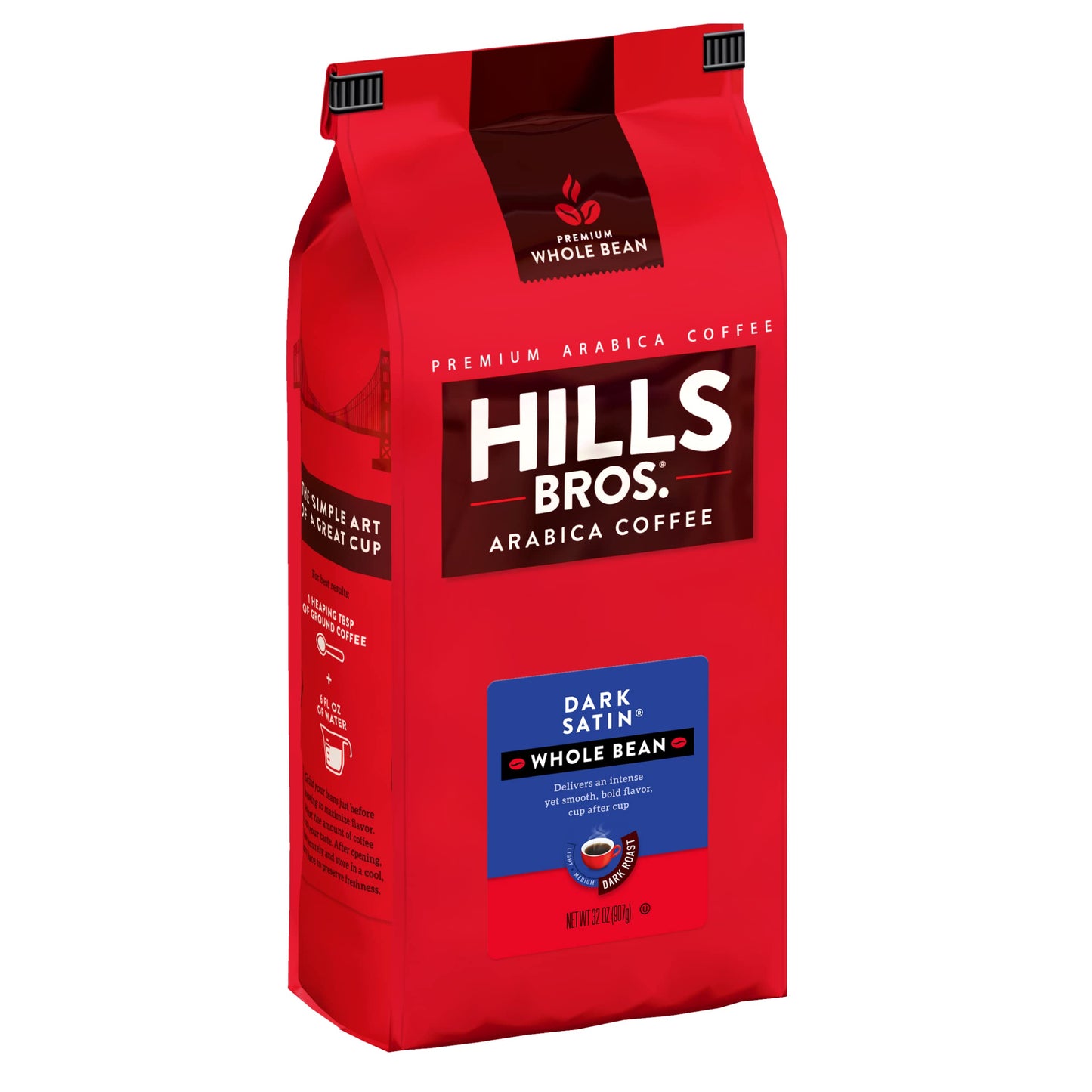 Hills Bros. Dark Satin Whole Bean Coffee - Rich and Bold Premium Arabica Coffee Beans - Orthodox Union Kosher - Dark Roast, Fresh Grind for Best Aroma