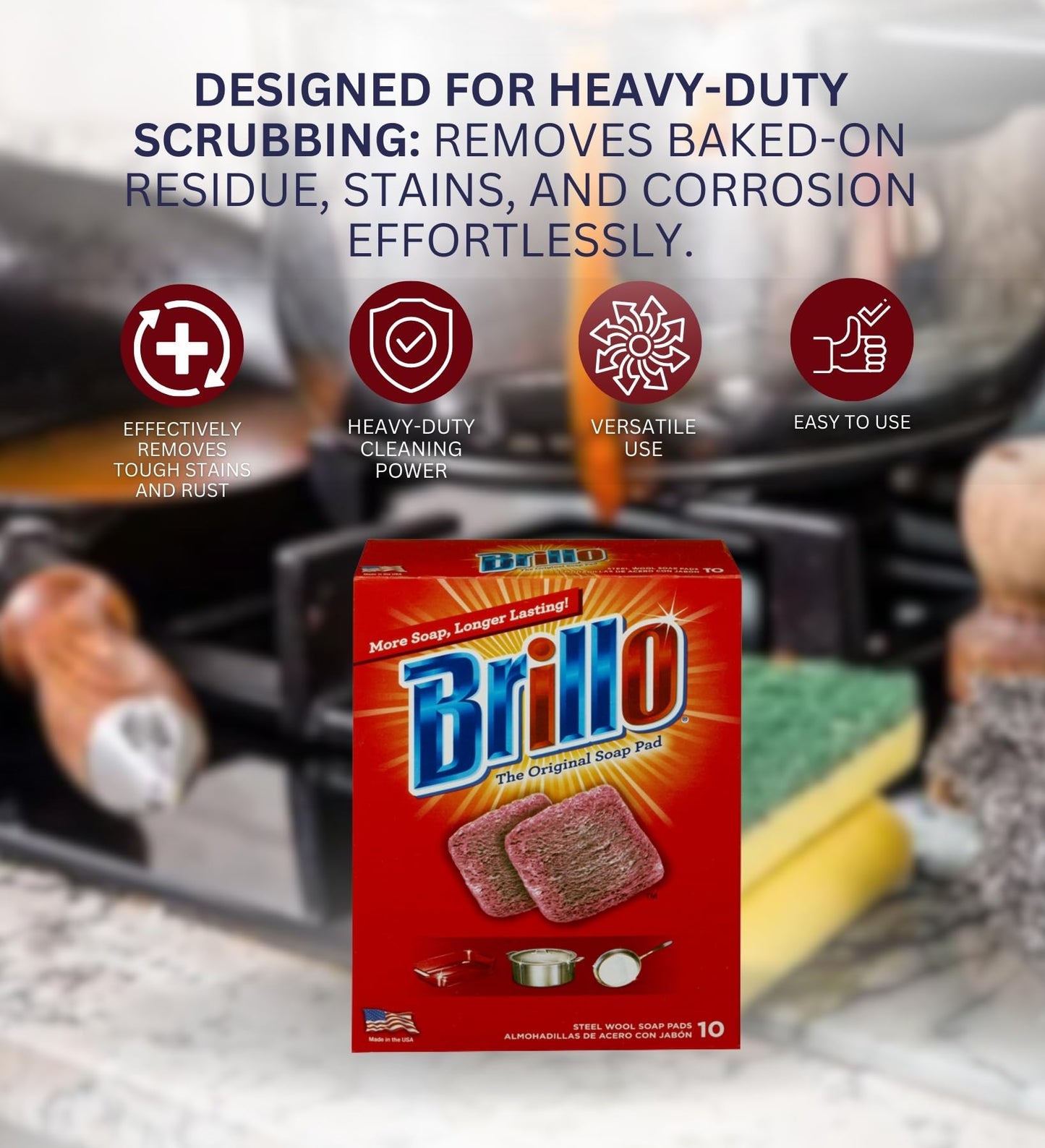 Brillo Heavy Duty Steel Wool Pads 10 pc Bundle with Microfiber Cloth - Tough Grease and Grime Remover - Steel Wool Soap Pads for Heavy Duty Cleaning