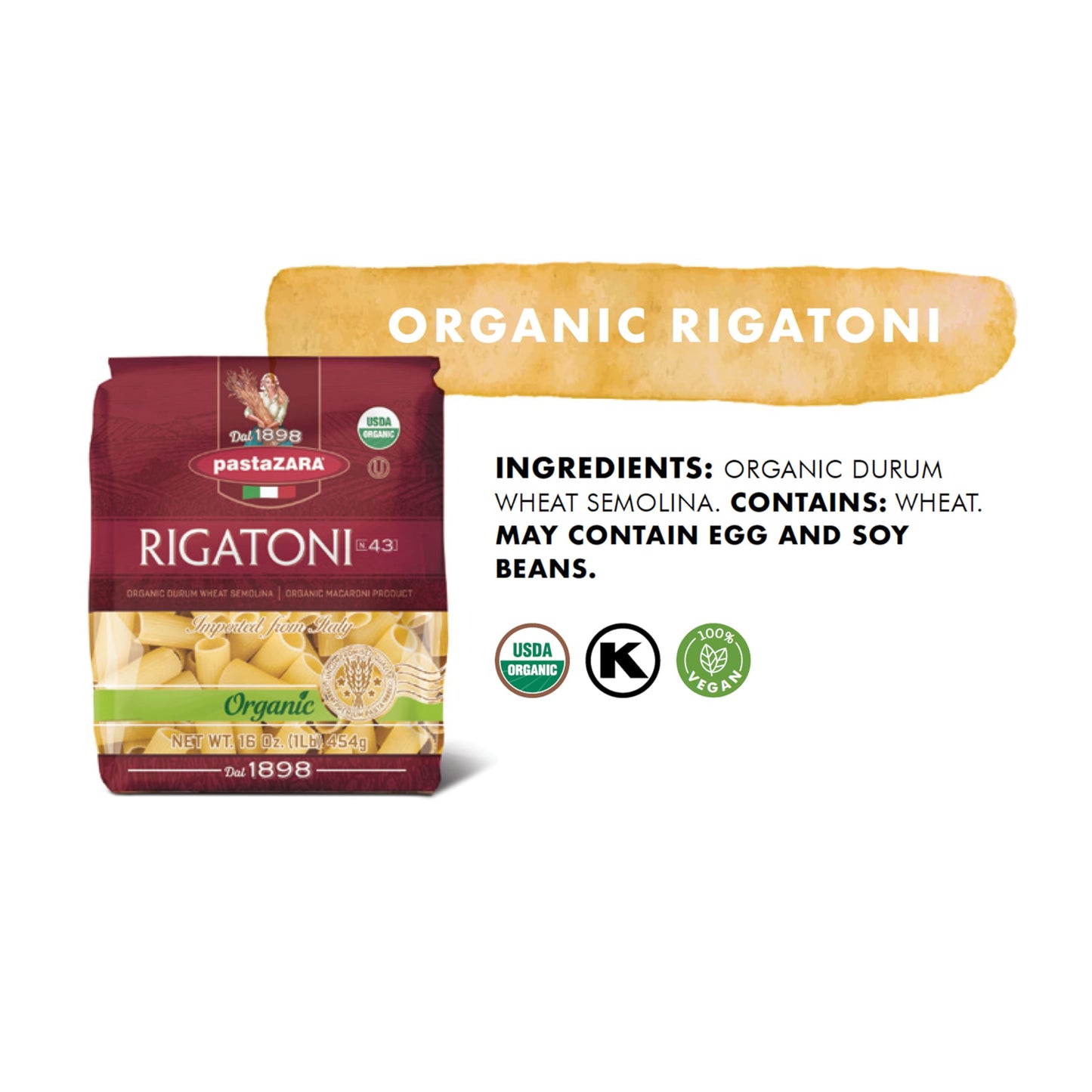 PASTA ZARA - Rigatoni - Organic - 100% Italian Pasta, Made with Durum Wheat Semolina Flour, Non GMO, Kosher (1 LB. BAG) - Consistently al Dente.