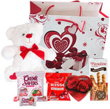 Valentines Day Gift Basket Set | Teddy Bear Plush (COLOR VARYS), Creme Savers Hard Candy, Individually Wrapped, Hershey Kisses Milk Chocolate, Heart