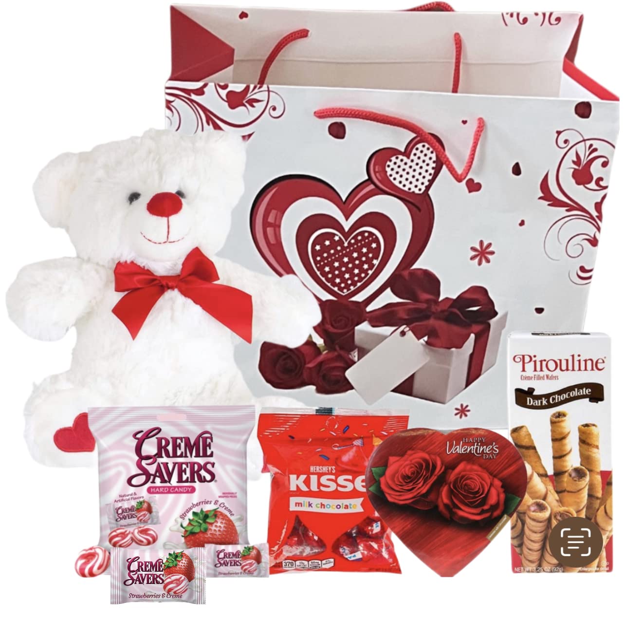 Valentines Day Gift Basket Set | Teddy Bear Plush (COLOR VARYS), Creme Savers Hard Candy, Individually Wrapped, Hershey Kisses Milk Chocolate, Heart