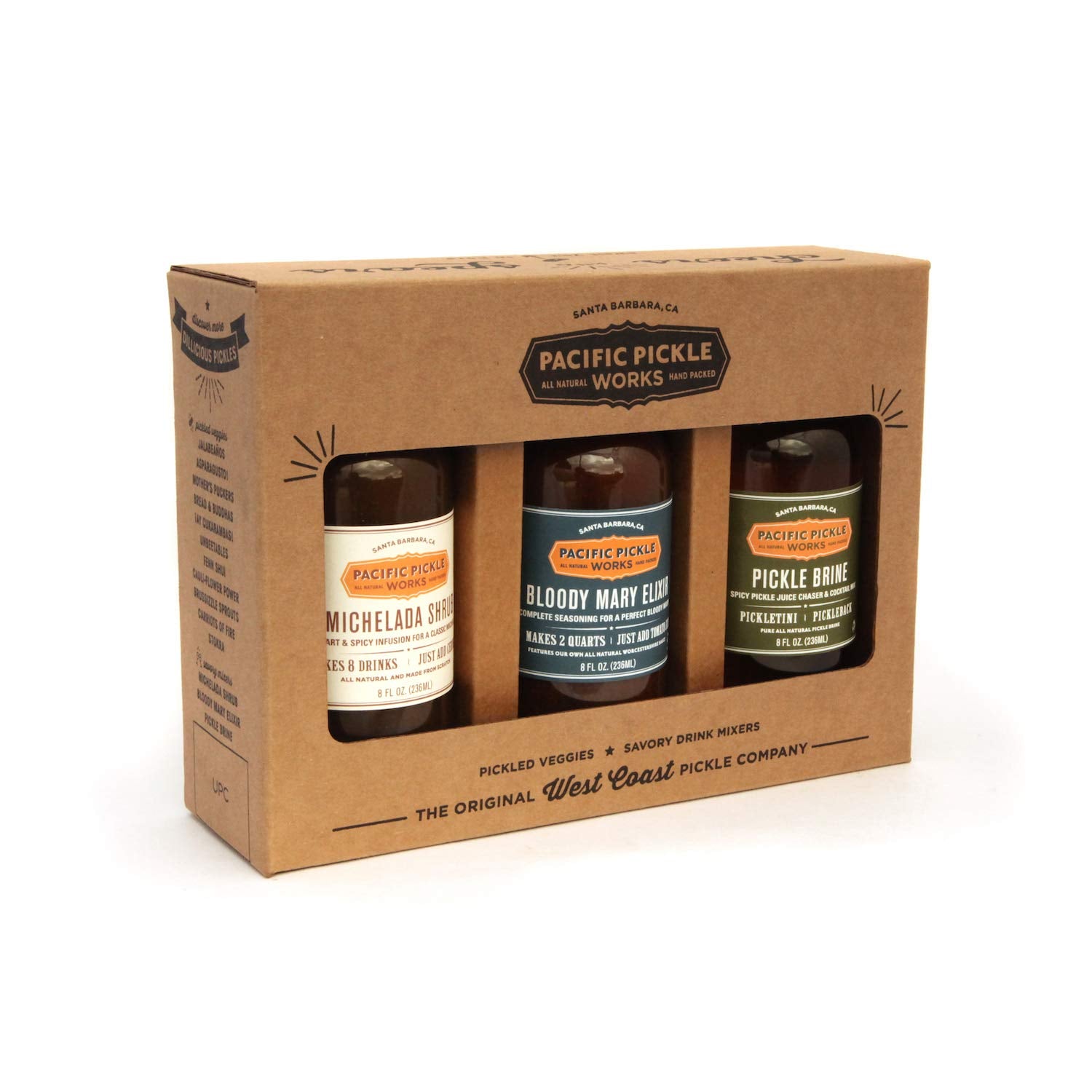 West Coast Cocktail Mixers Gift Box (8oz 3-pack) - Bloody Mary Elixir, Michelada Shrub and Pickle Brine