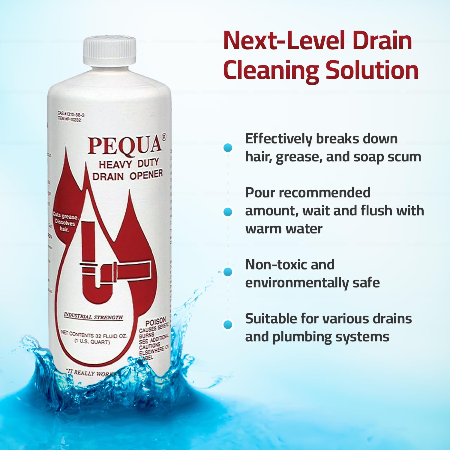 PEQUA INDUSTRIES Pequa Heavy Duty Drain Opener, Non-Acid, Fast-Acting Formula, Industrial strength Drain Cleaner for Sinks, Tubs, Septic Tanks - 32 Oz