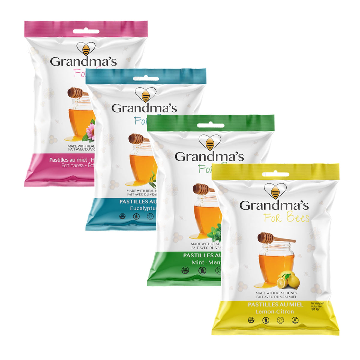 Grandma's For Bees | Old Fashioned Honey Drops - Get Well Soon Gift Pack | 4 Flavours: Mint, Lemon, Eucalyptus, Echinacea | 4 x 80g Bags