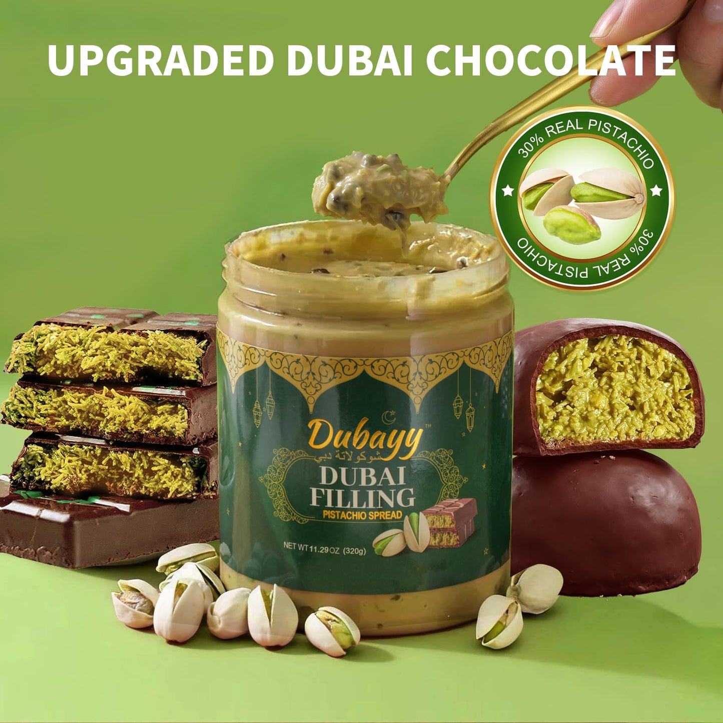 Dubai Chocolate Filling by Dubayy, Viral Pistachio Chocolate Spread with Kataifi Crisp, Luxury Dessert Dip for Waffles, Pancakes, Bread, Desserts