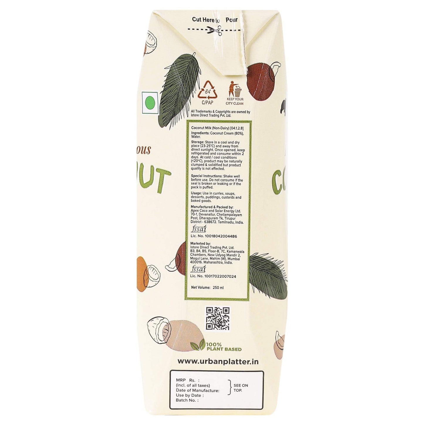 Urban Platter Unsweetened Coconut Milk 8.45 Fl Oz (Pack of 3) | Plant Based & Dairy Free | Creamy & Delicious | Ideal For Drinks, Curries, Pudding, Desserts, Baking Goods & More