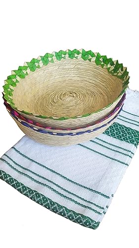 Jacq & Jürgen - 3 Pack Crown Tortilla Baskets with 1 Cotton Tortilla Cloth - Handwoven Palm Tortillero Bundle, Traditional Mexican Kitchen Décor