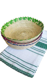 Jacq & Jürgen - 3 Pack Crown Tortilla Baskets with 1 Cotton Tortilla Cloth - Handwoven Palm Tortillero Bundle, Traditional Mexican Kitchen Décor