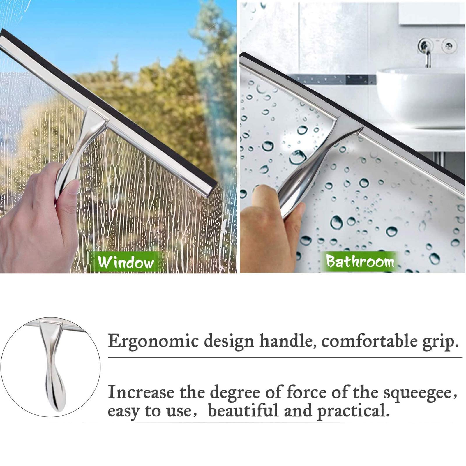 K Kwokker 12 Inch Squeegee for Shower, Shower Squeegee with Suction Cup Hooks, for Glass Door Marble Mirror Bathroom, Chrome Plated Stainless Steel