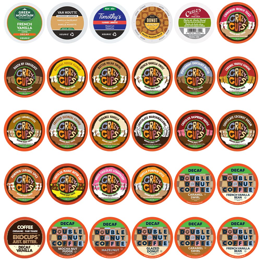 Crazy Cups Flavored Decaf Coffee Pods Variety Pack Sampler, Assorted Single Serve Decaffeinated Coffee Capsules for Keurig K Cups Brewers, 30 Flavored