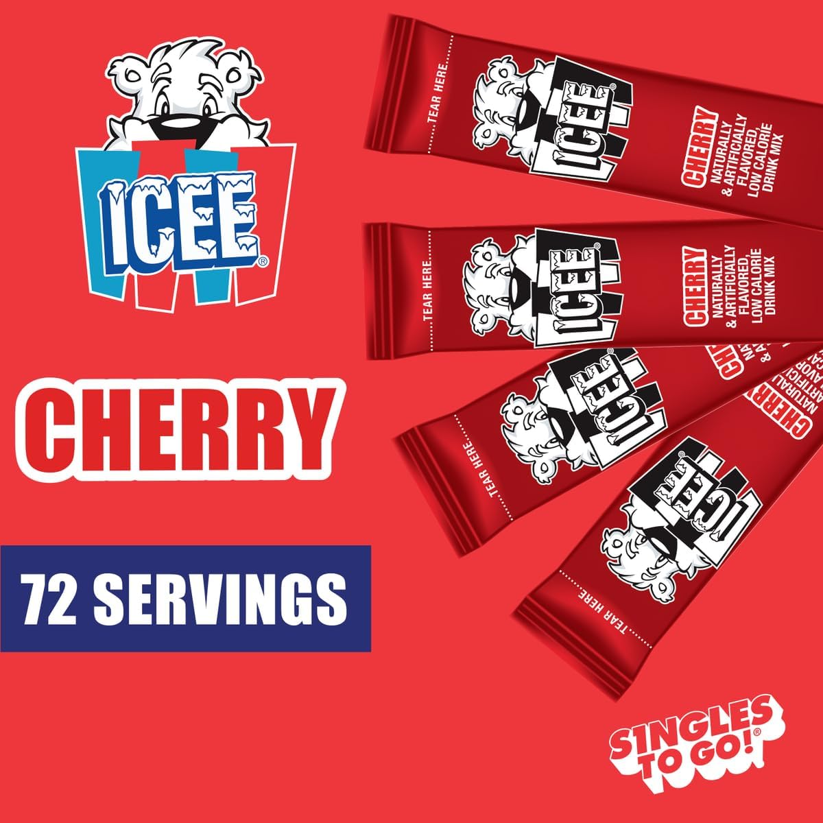 ICEE Cherry Singles To Go - Pack of 3 - Powdered Drink Mix - Zero Sugar - 6 Sticks Per Box - 18 Servings