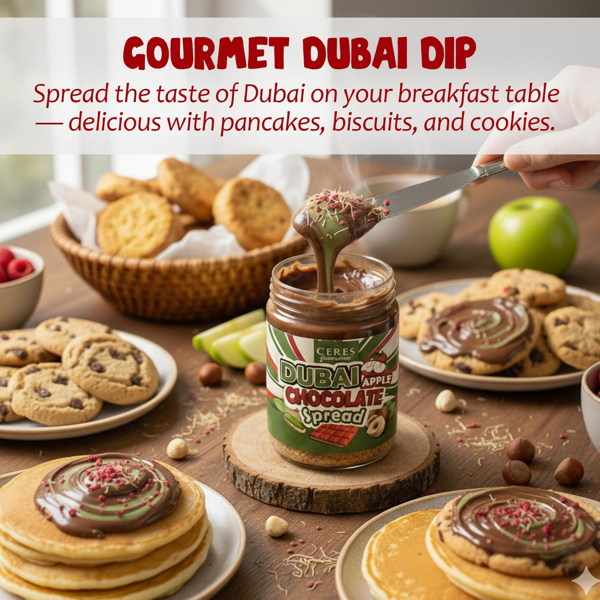 Dubai Spreadable Chocolate with Freeze Dried Apple - Premium Pistachio Spread with Roasted Phyllo, Gourmet Breakfast Chocolate (9.7 oz / 275 g)