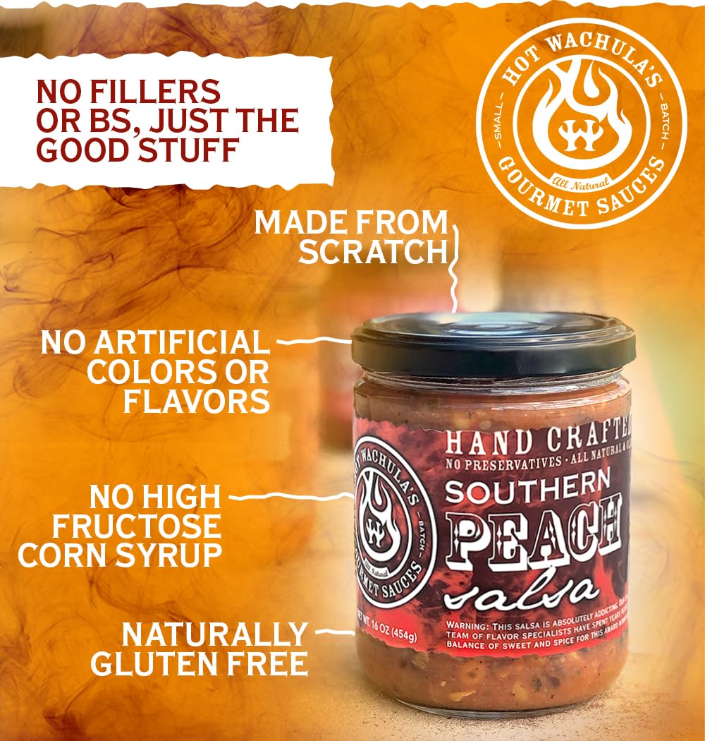Hot Wachula's Southern Peach Salsa | Medium | Hand Crafted Small Batch Salsa | Made with Fresh All Natural Ingredients | Gluten Free | Low Sodium