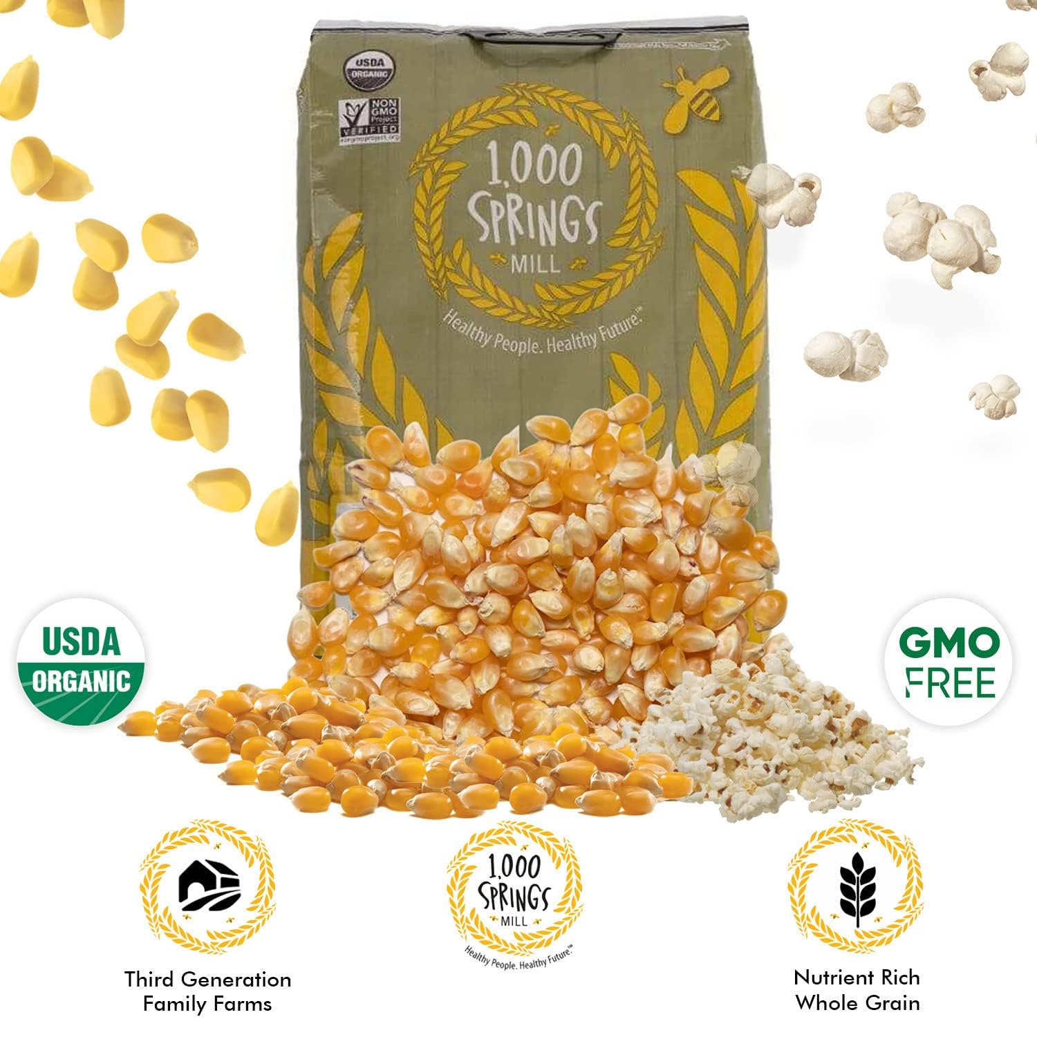 1000 SPRINGS MILL - Organic Popcorn 25lb Bulk Bag - Healthy Snacks for Microwave or Stovetop - Bulk Dry Pop Corn Kernels - Vegan Friendly