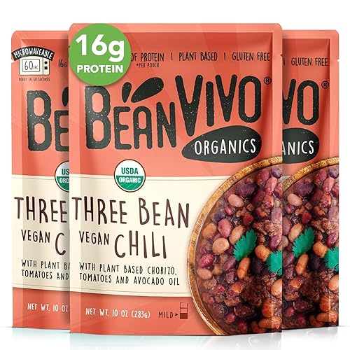 BeanVIVO (Pack of 3) Organics 16g Plant based Protein Three Bean Vegan Chili - Good Source of Fiber - Nutritious & Microwave Meals - Gluten-Free Plant