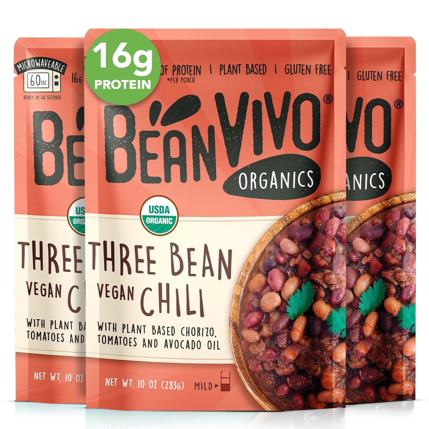 BeanVIVO (Pack of 3) Organics 16g Plant based Protein Three Bean Vegan Chili - Good Source of Fiber - Nutritious & Microwave Meals - Gluten-Free Plant
