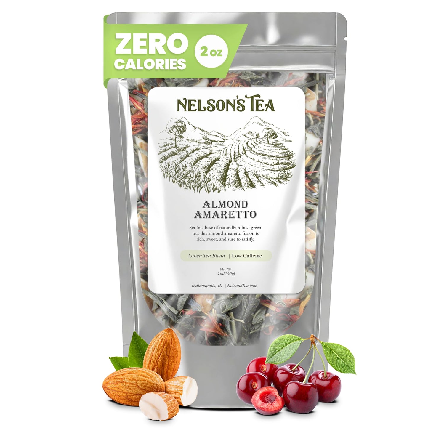 Nelson's Tea Almond Amaretto - Herbal Green Loose Leaf Tea, Curated Blend with Sencha Green Tea, almonds, Dried Cherries, and Safflower - Perfect