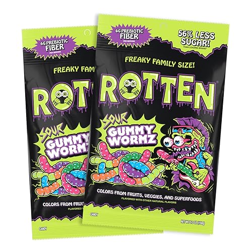Rotten Sour Gummy Worms - Low Sugar, Low Calorie, 7g Gut-Friendly Prebiotic Fiber and 3g Protein, Gluten Free Candy - 5.3 oz Share Pack [2 Pack]
