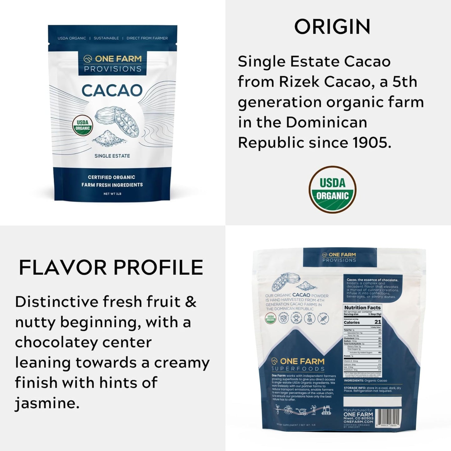 One Farm by WAAYB Organic Cacao, Single Estate, Non-GMO, Fair-Trade, Vegan, Gluten Free, 100% Raw Rizek Cacao in Resealable Bag for Cooking, Smoothies, Lattes & Baking (1 lb, Powder)