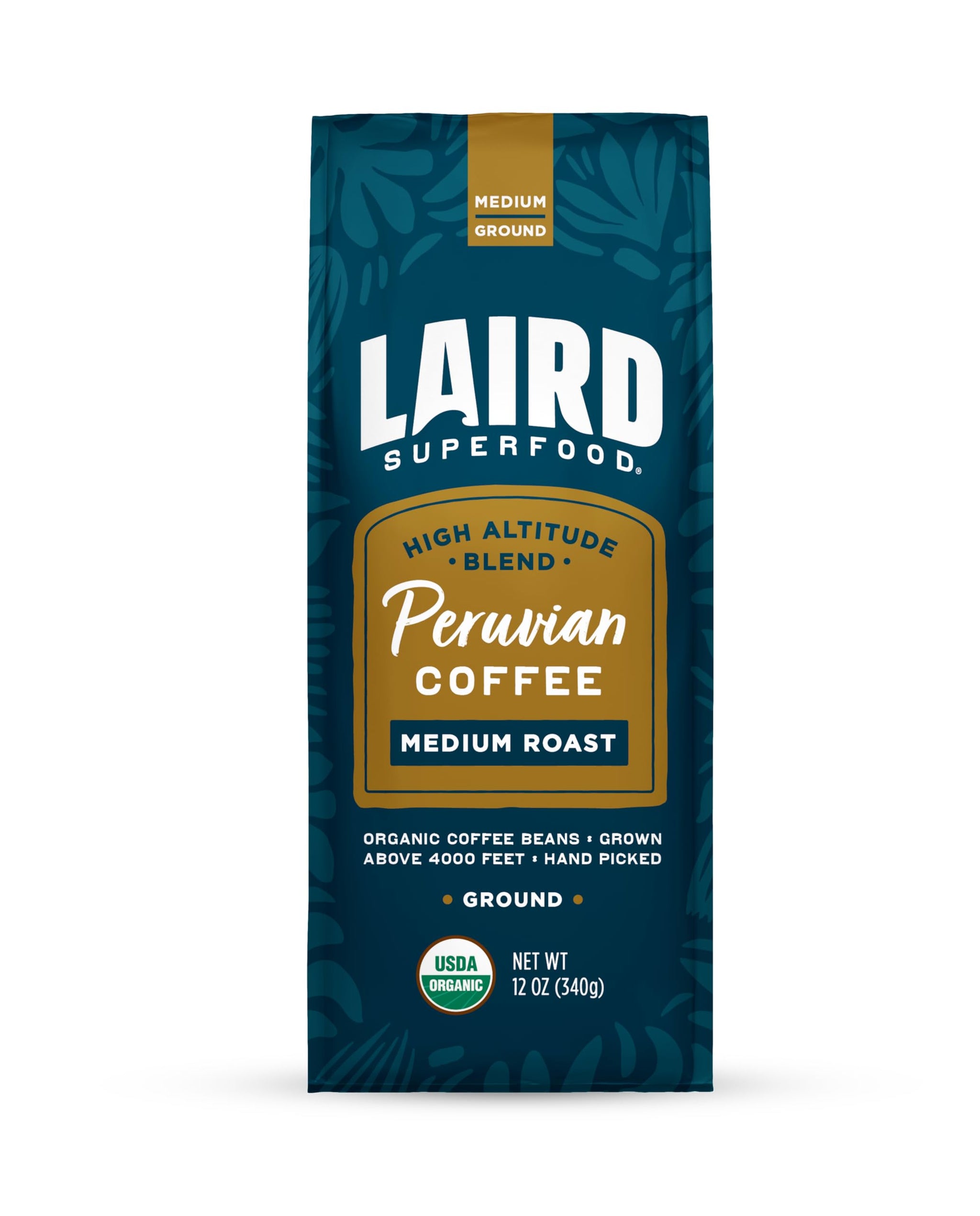 Laird Superfood Peruvian Medium Roast Caffeinated Ground, Ethically Sourced Premium Ground Coffee, Gluten-Free, Dairy-Free, Non-GMO, Paleo, Keto