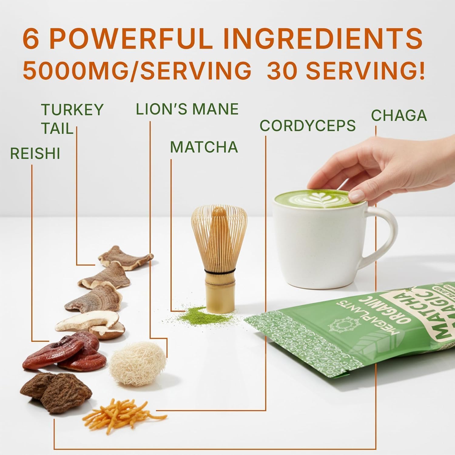 MEGAPLANTS Mushroom Matcha Magic (30 Servings) | Ceremonial Grade Japanese Matcha with Adaptogenic Mushrooms | Clean Energy & Calm Focus - Coffee