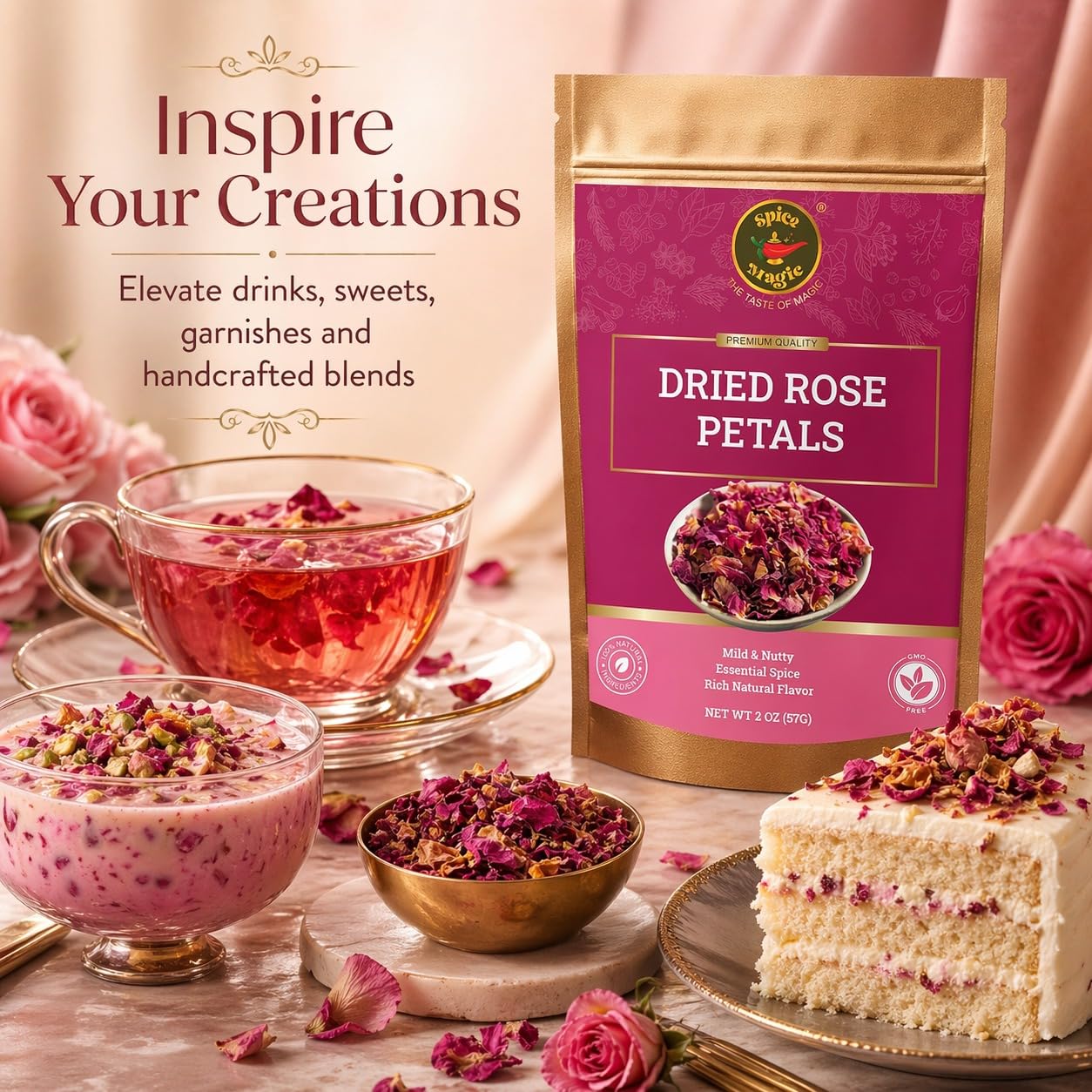 Spice Magic Dried Rose Petals | 100% Natural & Edible Rose Petals I Perfect for Herbal Teas, Desserts, Cupcake Toppings, Crafts and Decoration | Net
