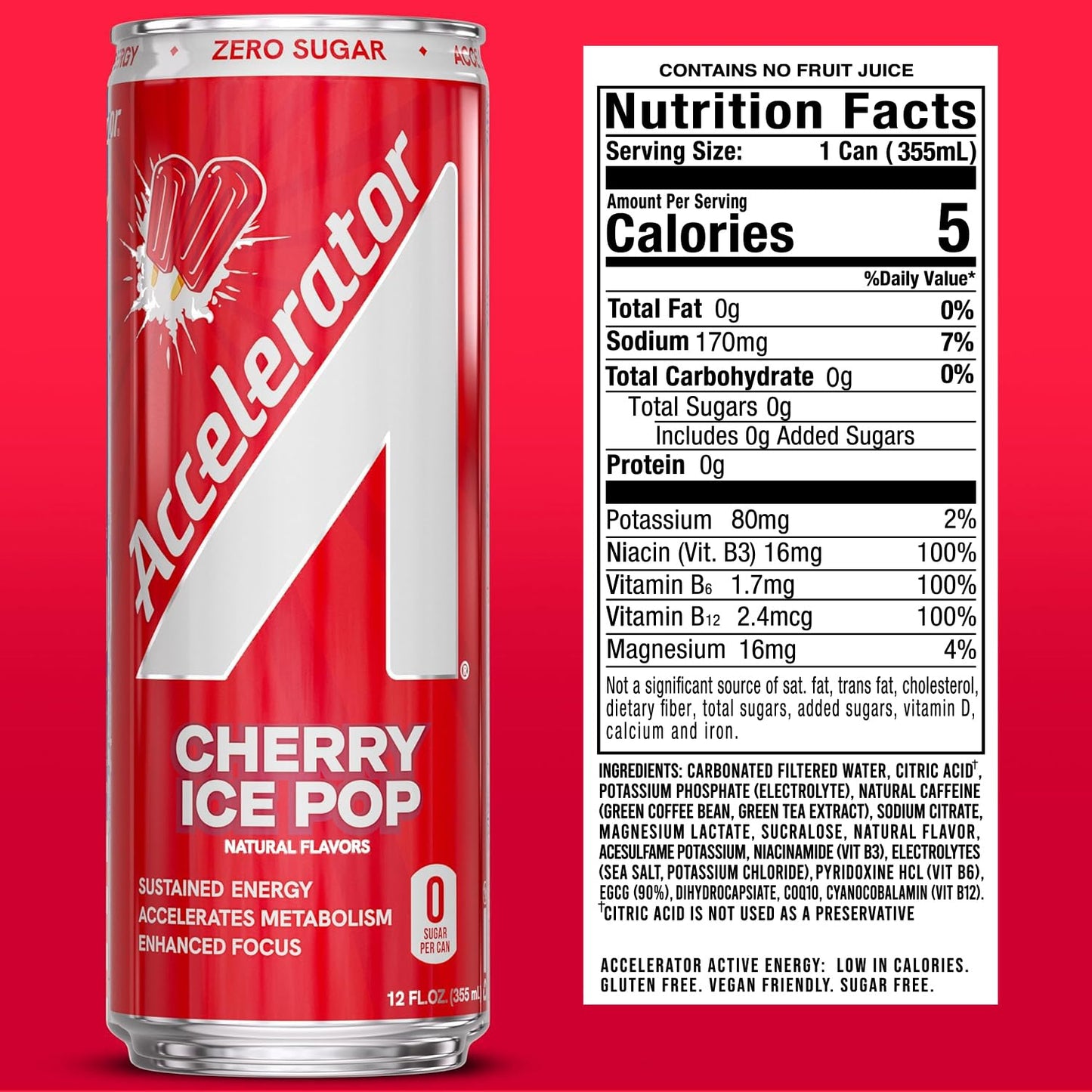 Accelerator Active Energy Drink, Cherry Ice Pop 12oz can (12 pack)