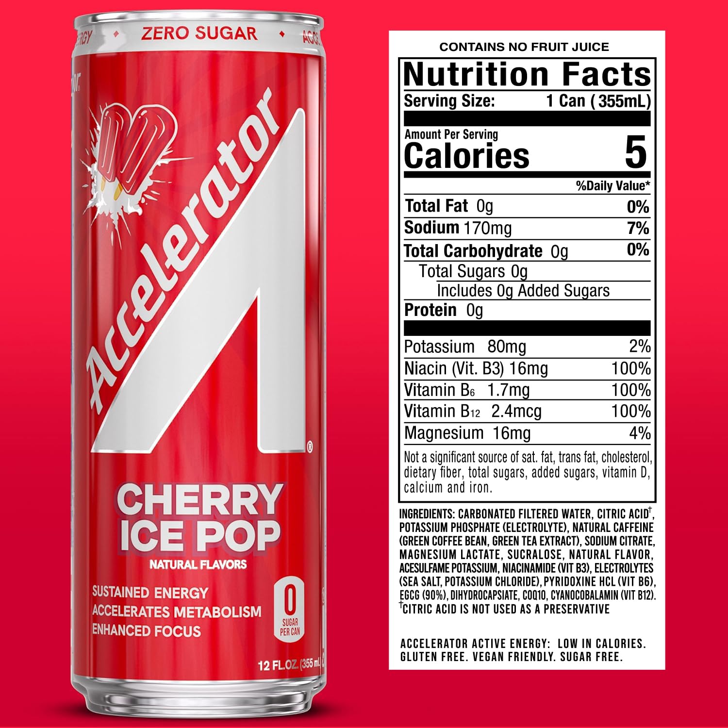 Accelerator Active Energy Drink, Cherry Ice Pop 12oz can (12 pack)