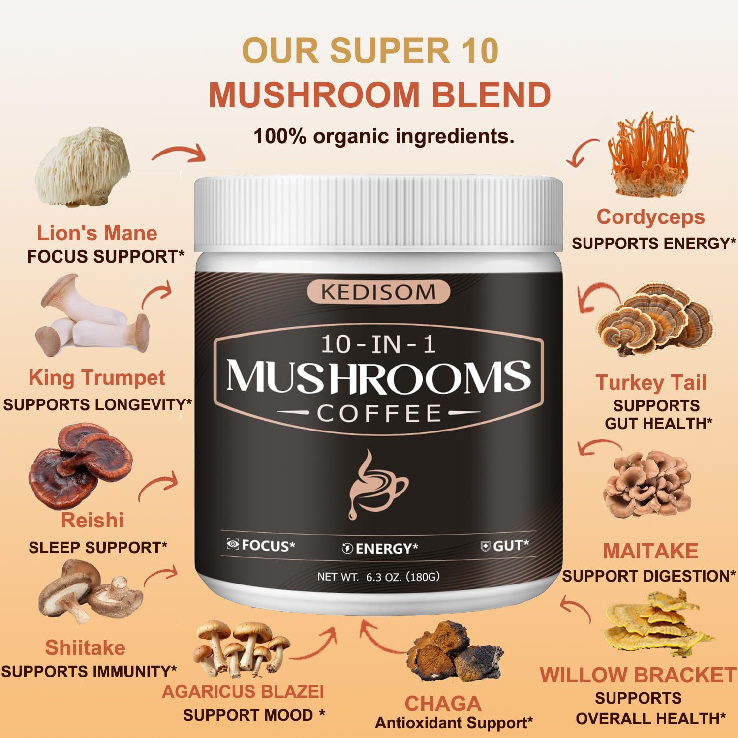 KEDISOM 10 in 1 Mushrooms Coffee, Instant Mushroom Coffee Powder with Lion's Mane, Cordyceps, Reishi, Shiitake, Turkey Tail, King Trumpet, for Focus