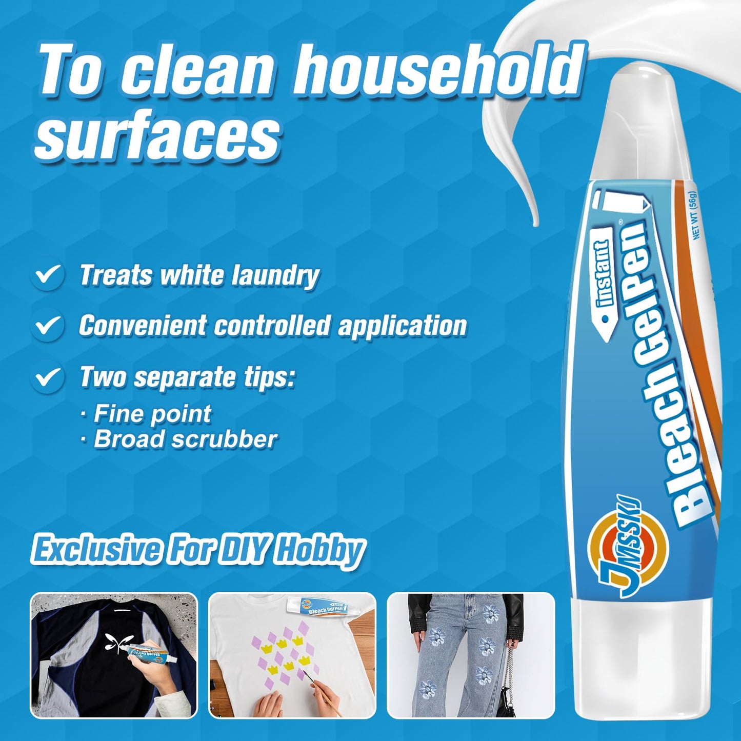 Bleach Pen for Clothes & Grout, 4 in 1 Dual-Tip Stain Remover Gel Pen with Precision Tip & Brush Head, Portable Travel-Size Cleaner for White Laundry