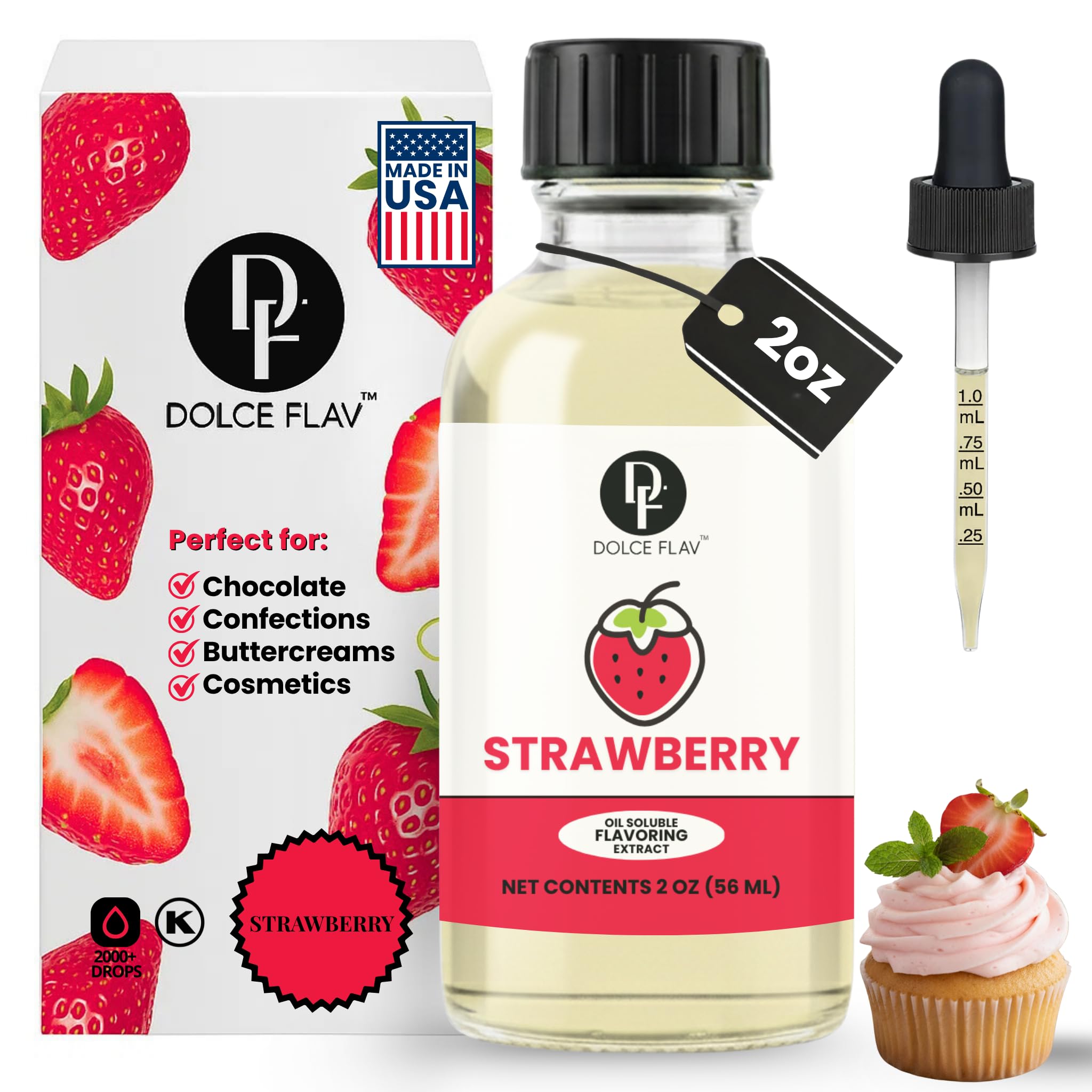 Dolce Flav Strawberry Extract - 2 Ounce Oil-Soluble Kosher, Sugar-Free, Concentrated Berry Flavor for Candy, Chocolates & Desserts, Includes Measured