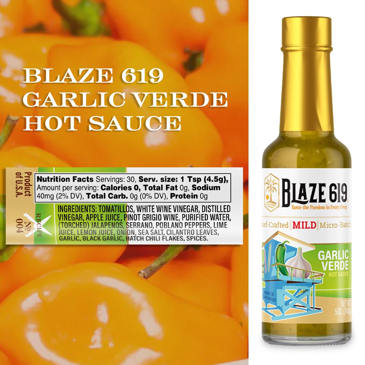 Blaze 619 Garlic Verde Hot Sauce - Mild Spicy Handmade All Natural Gluten Free Sugar Free Low Sodium (5 oz.)