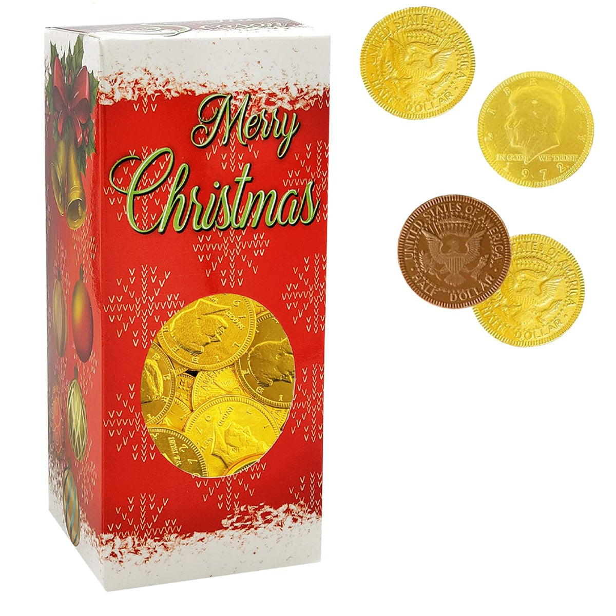 Fruidles 1-LB Christmas Premium Belgian Milk Chocolate Gold Coins, Half Dollar Design Candy Stocking Stuffers, Nut-Free, Candy, 1Lb Box