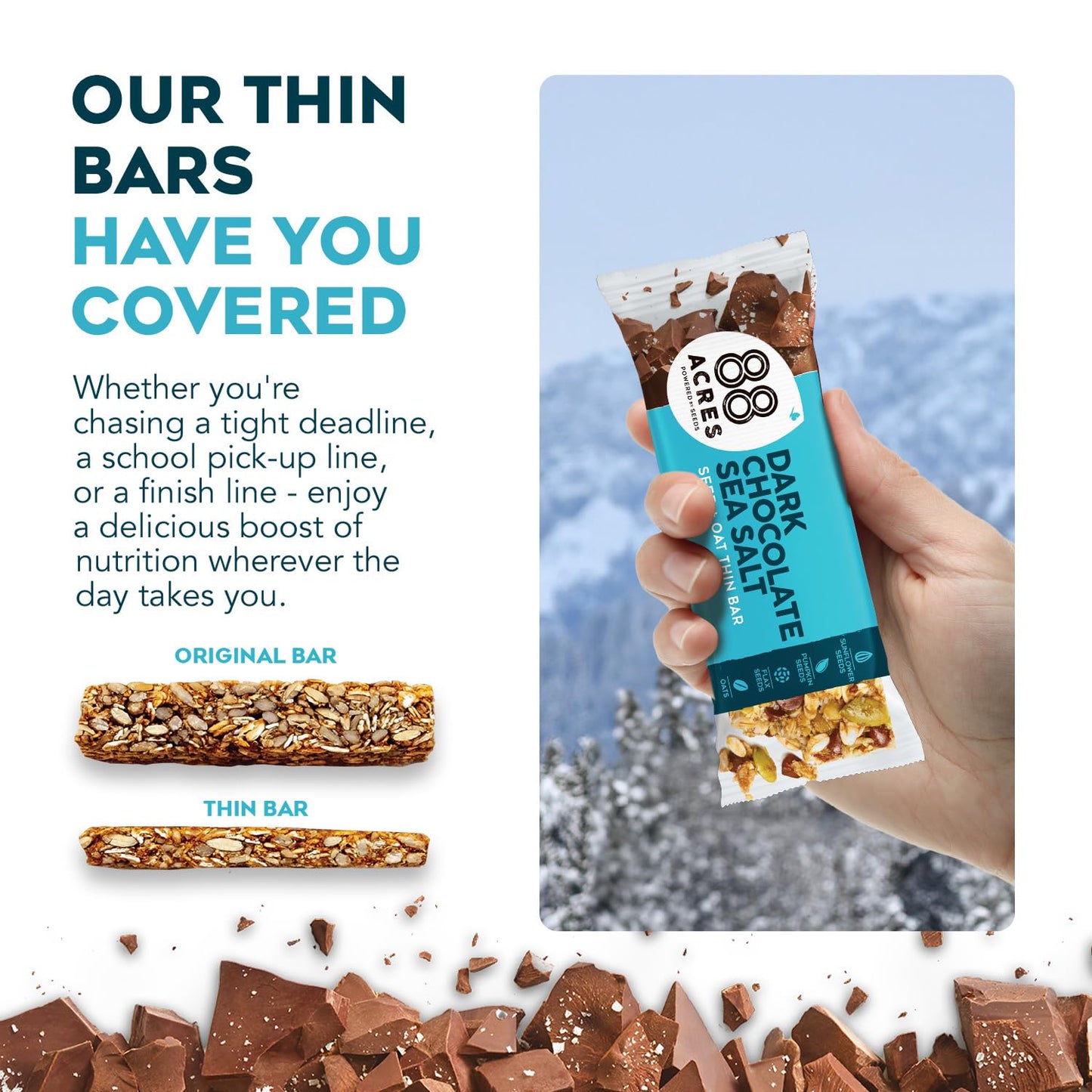 88 Acres Thin Granola Bars, Dark Chocolate Sea Salt, 18 Count, School Safe, Low Calorie, Allergen Free Seed & Oat Snack Bar, Gluten & Nut Free, Vegan