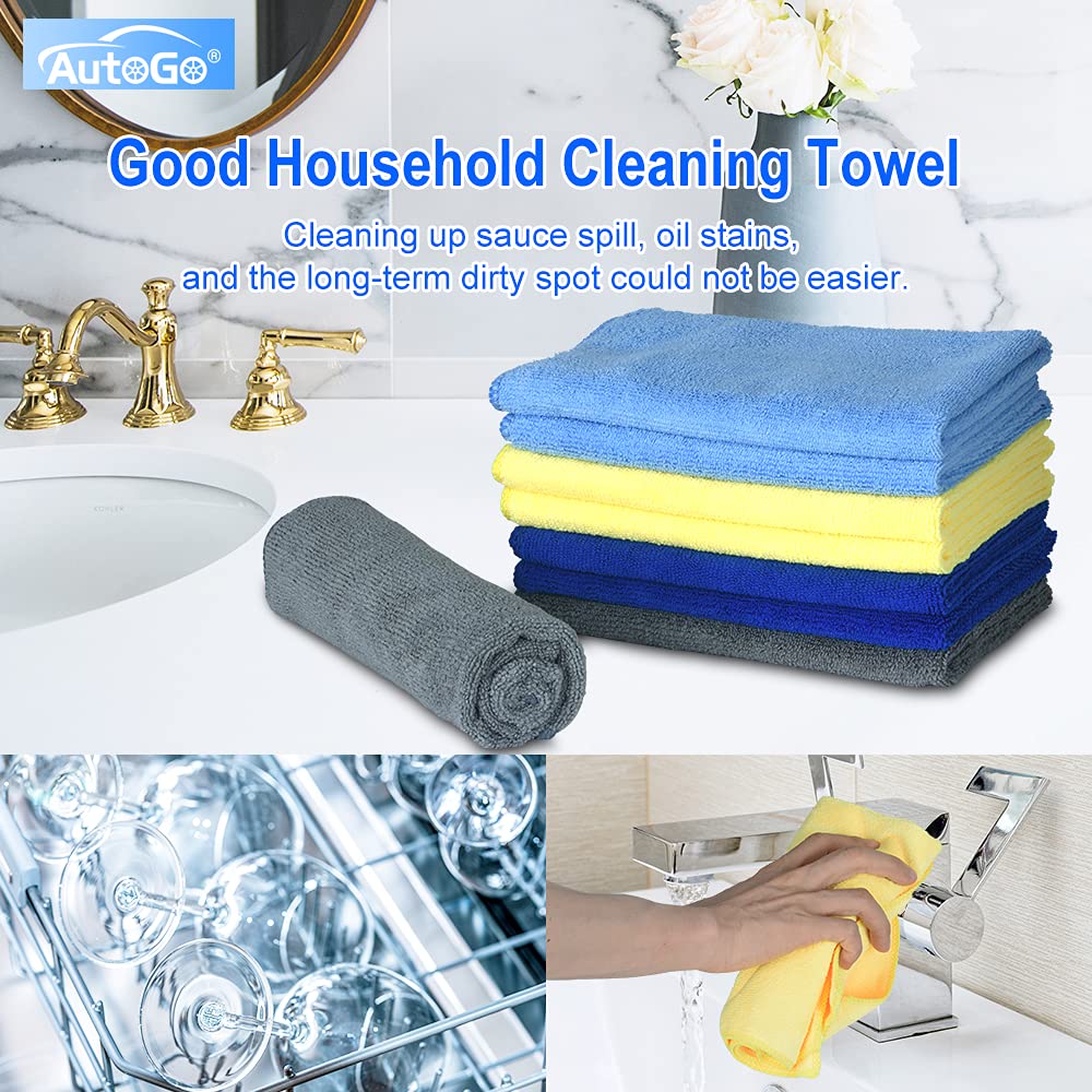 AutoGo Microfiber Cleaning Cloth 16x16 Inch 8 Pack, Multipurpose Cleaning Rags for House Housekeeping Dusting, Absorbent Lint Free Streak Free Hand
