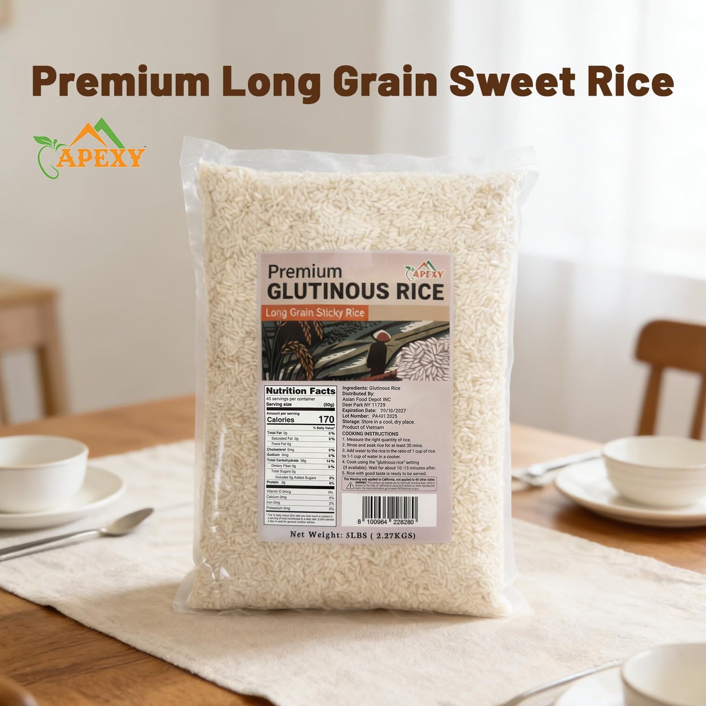 Apexy Premium Long Grain Sweet Rice 5 lb - Glutinous Sticky Rice, Non-GMO | Perfect for Asian Desserts, Sushi, Dumplings & Sticky Rice Dishes | Soft, Chewy Texture