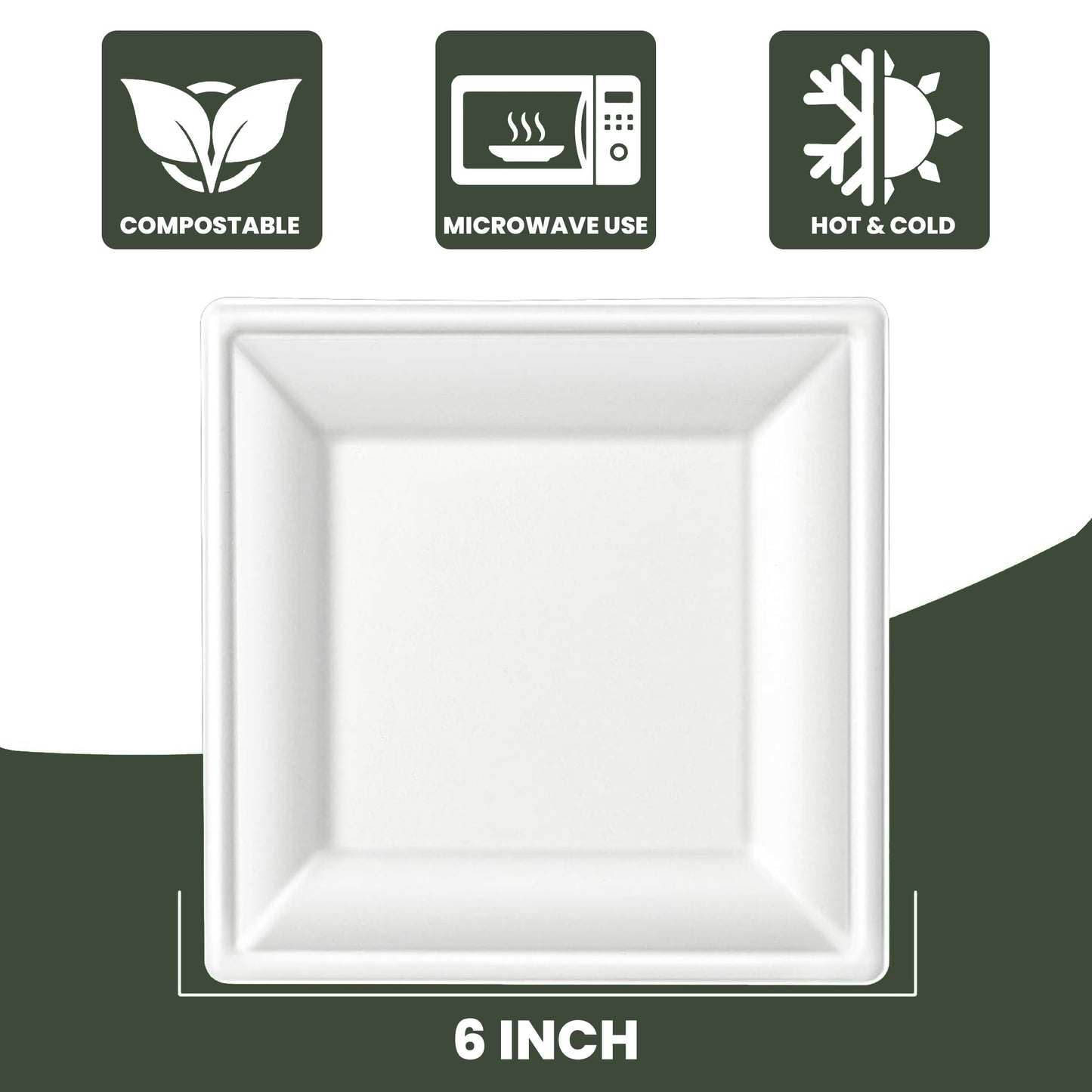 FPN Compostable Square Plates 6 Inch 125 Pack Heavy Duty Disposable Plates | Sugarcane Biodegradable Eco Friendly Dinnerware for Hot & Cold Food